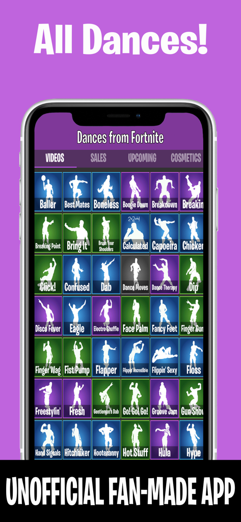 Dances from Fortnite - A smartphone displaying a grid of various Fortnite dance emote icons including Best Mates and Floss