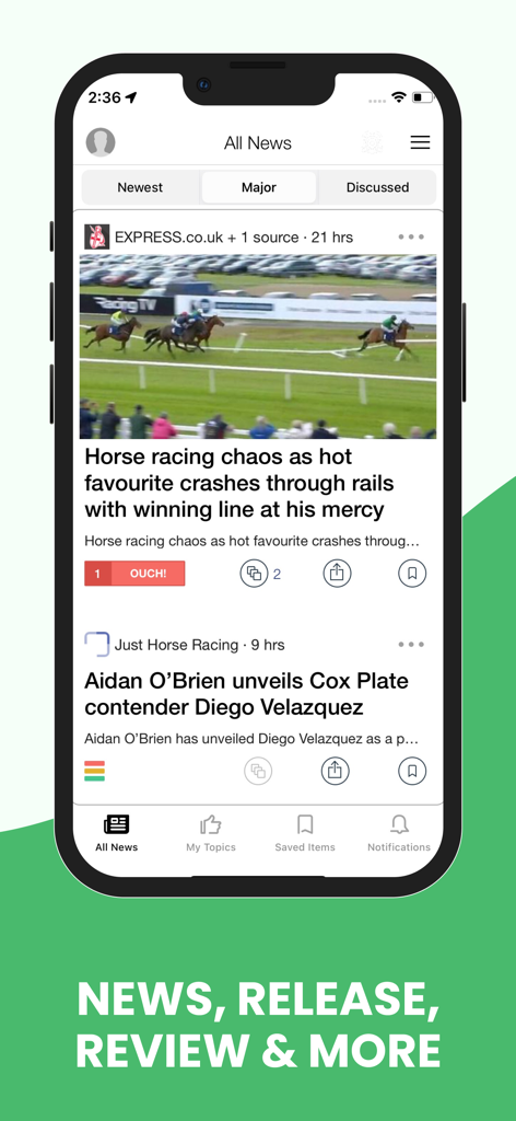 Horse Racing Derby News & Tips - Captura de pantalla del feed de noticias de la aplicación Horse Racing Derby News and Tips que muestra los últimos titulares y resultados de carreras.