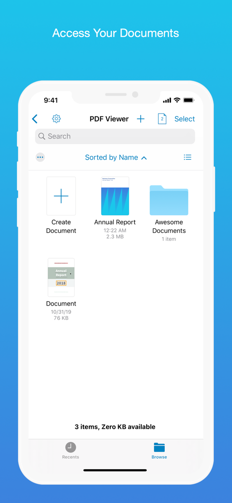 PDF Viewer by Nutrient - Interface of the PDF Viewer app displaying a document browser with files and folders