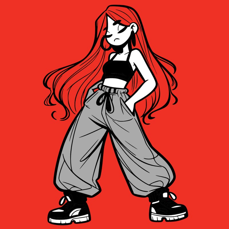 girl in baggy pants crop top and long hair