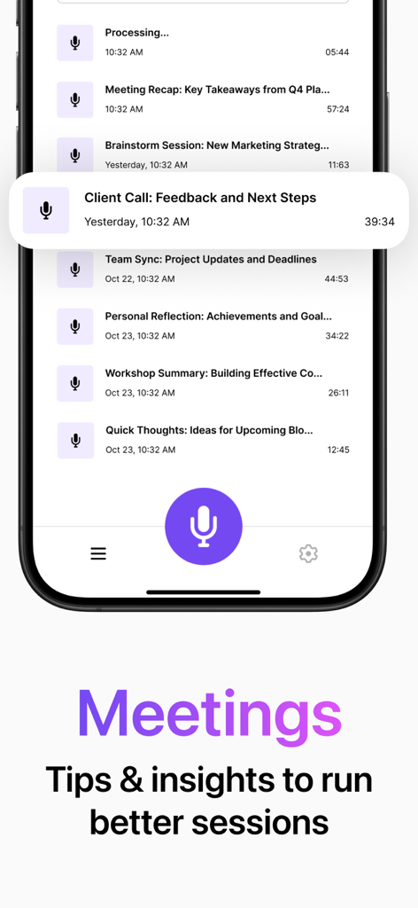 Recap: AI Meeting Note Taker - Recap app interface displaying a list of recorded meetings and productivity insights