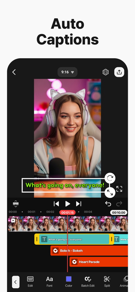 Una interfaz móvil para KineMaster que muestra la función de subtítulos automáticos de IA en un proyecto de video