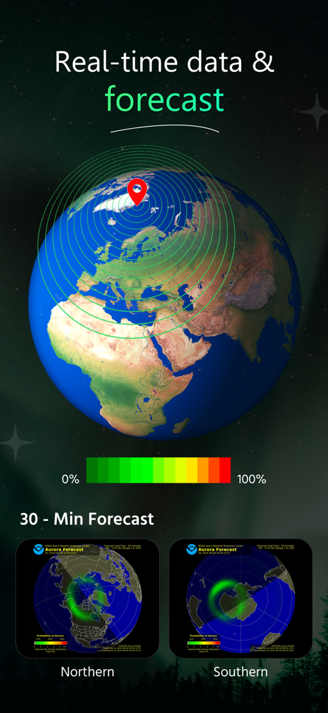 Echtzeit-Aurora-Vorhersagekarte mit Sichtbarkeitsprognosen für die Nord- und Südhalbkugel