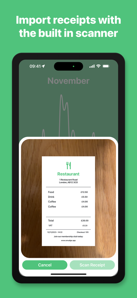 Benutzeroberfläche der Geschäftsausgaben-App mit der Funktion zum Scannen von Belegen auf einem iPhone