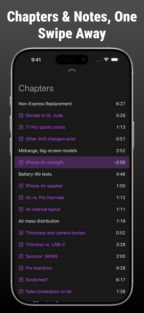 Podcast App: Updates - Una pantalla de teléfono inteligente que muestra una lista de capítulos de podcast con marcas de tiempo y títulos en una interfaz de modo oscuro.