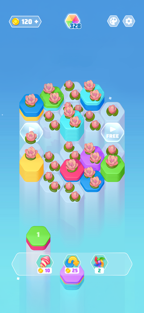 Gameplay screenshot of Color Slide Hexa Puzzle showing colorful hexagonal stacks with lotus flower icons on a clean blue background
