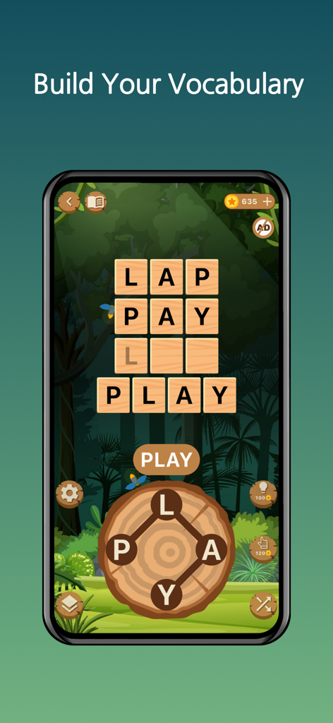 Word Woods Connect the Letters - A mobile screen of the Word Woods game showing a letter connection puzzle in a dark forest