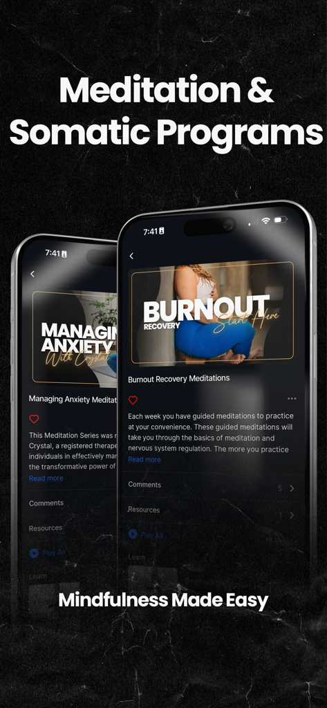 Mobility MVMNT - Mobility MVMNT app screens displaying meditation and somatic recovery programs for burnout and anxiety