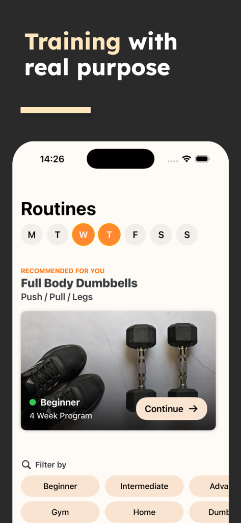 Strength Workouts - Training - Mobile screen of the Strength Workouts app displaying a beginner full body dumbbell program and daily routines