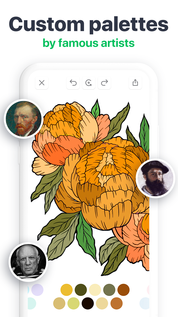 Tap & Color - Coloring book - Tap and Color app interface showing floral illustrations with color palettes inspired by famous artists