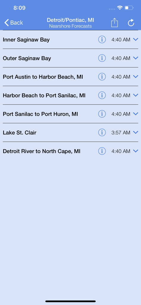 List of Great Lakes nearshore forecast locations for the Detroit and Pontiac Michigan area in the Nearshore mobile app.