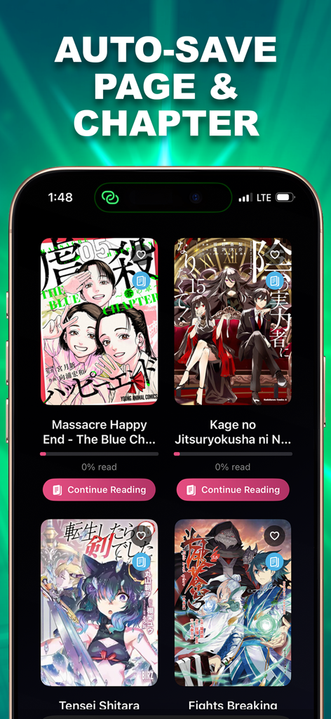 Manga Reader: Webtoon - Interface of Manga Reader app showing the auto-save page and chapter feature with several bookmarked manga titles