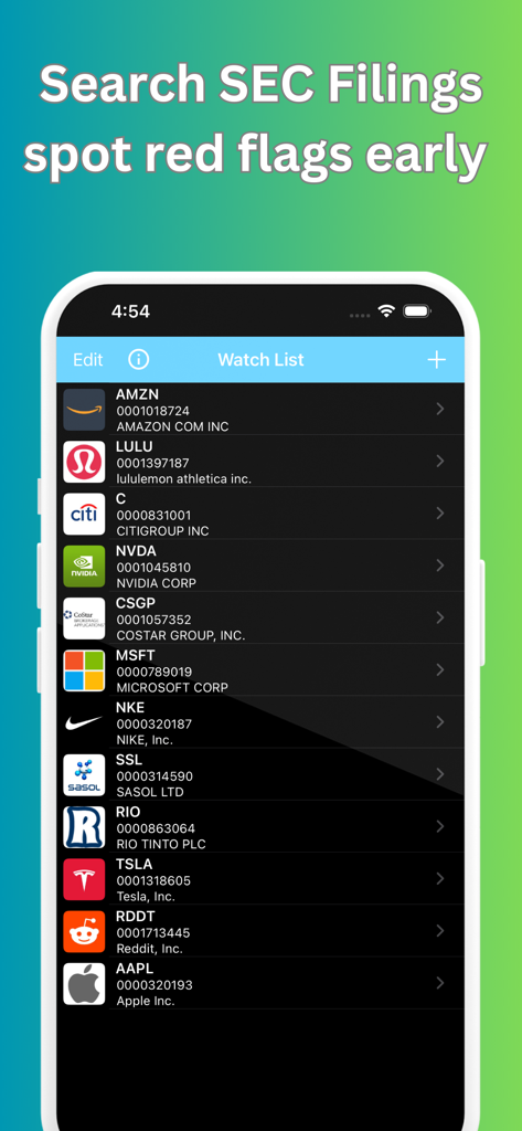 Super Investor - Super InvestorアプリがSEC提出書類分析のための株価ウォッチリストを表示している画面
