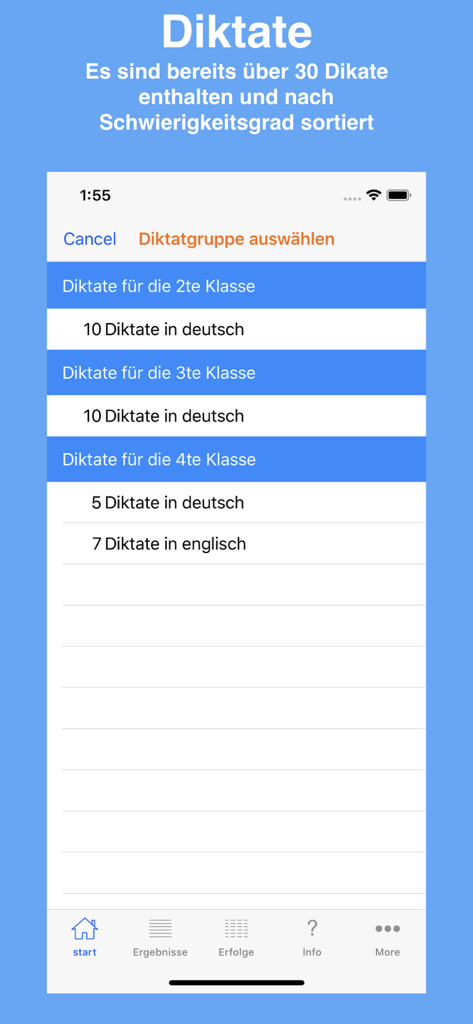 Diktat Trainer - Diktat Trainer app screen displaying dictation categories by grade level