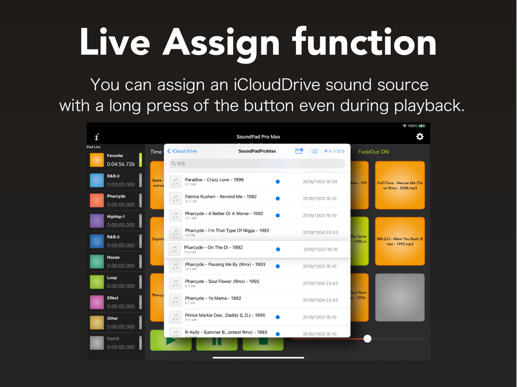 iPad-Oberfläche von SoundPad Pro Max, die die Live-Zuweisungsfunktion zum Importieren von Audiodateien aus iCloud Drive demonstriert.