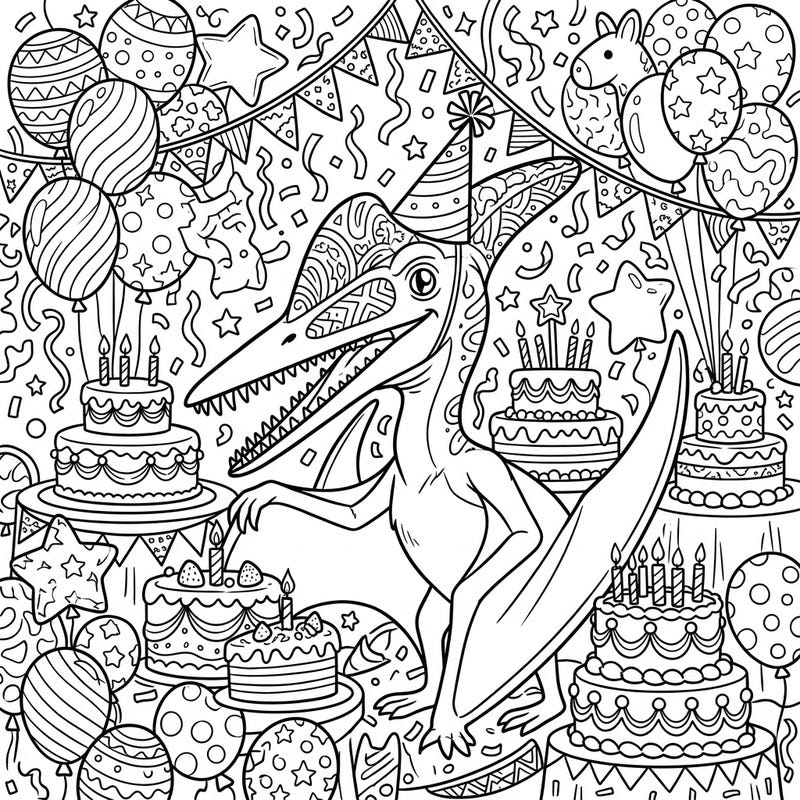 Get ready for a prehistoric party with this exciting Cearadactylus birthday coloring page! Featuring a cheerful pterosaur amidst cakes, balloons, and confetti, it's perfect for celebrating a special day.