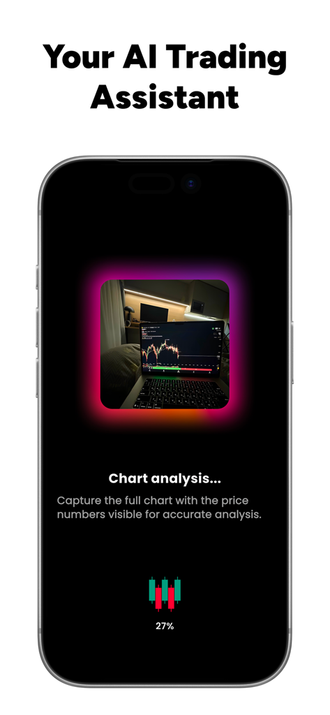 キャプチャした写真から株式チャートを分析するTrading AIアプリを示すモバイル画面