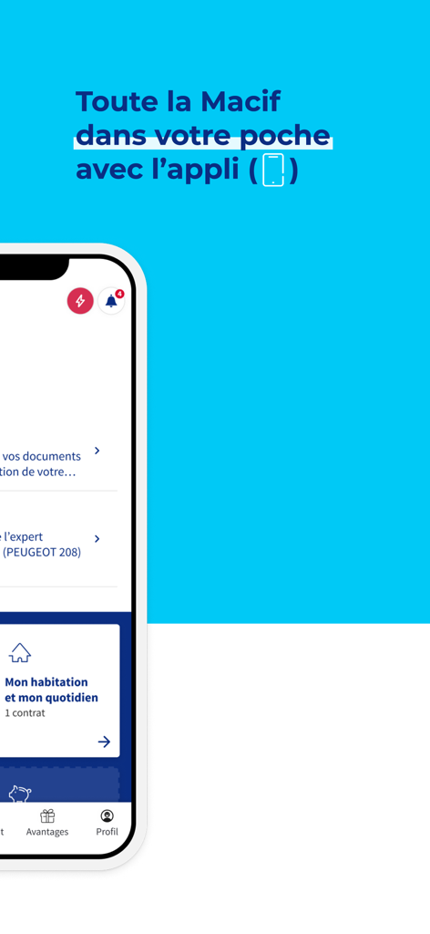 Interfaz de la aplicación móvil MACIF en un smartphone que muestra la gestión de contratos de seguros