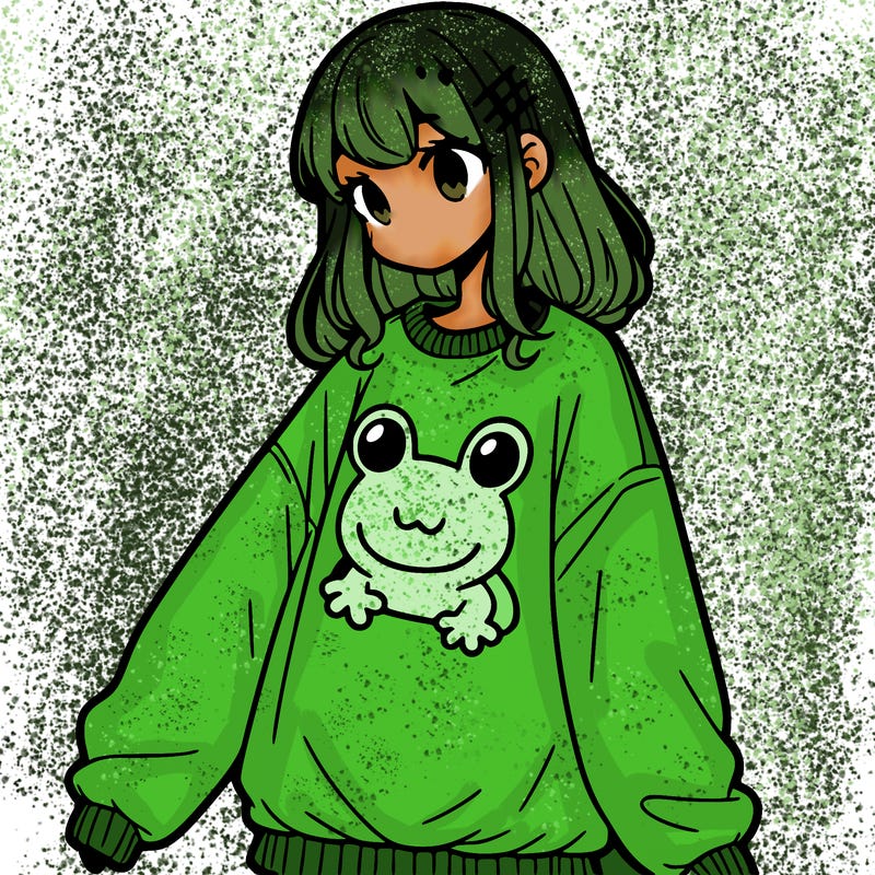 girl wearing frogging sweatshirt