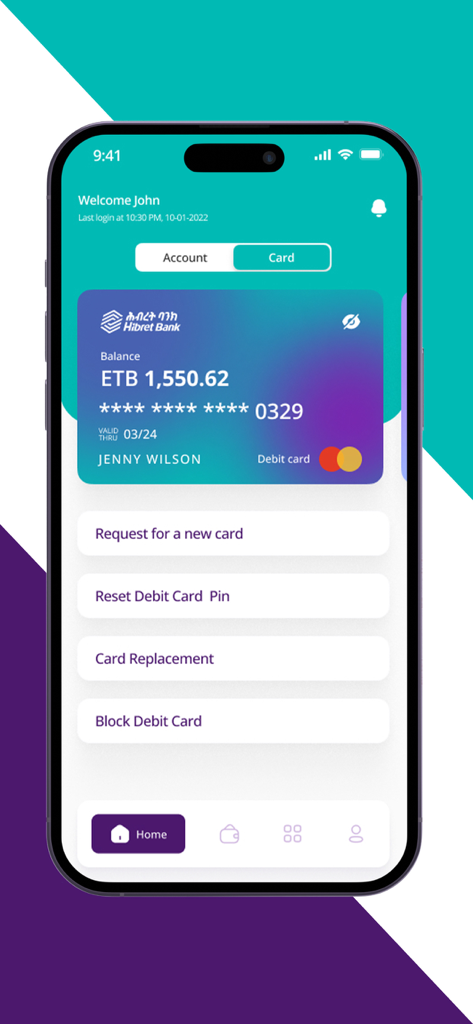 HIBIR - Hibir mobile banking app screen showing debit card details, account balance in ETB, and options to manage cards like blocking or resetting a PIN.