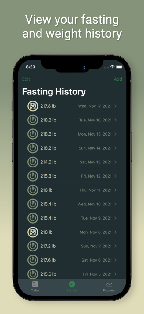 Fasty: Fasting Tracker - Screenshot of the Fasty app showing a chronological list of fasting history with weight entries and dates