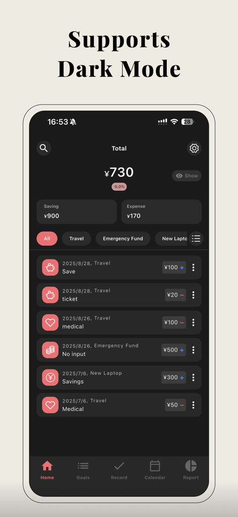 SaveNote-Goal based Budgeting - SaveNote mobile app interface showcasing financial goals and transaction history in dark mode.