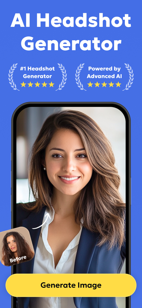 AI Headshot Generator Pro app interface showing a professional business portrait created from a casual selfie