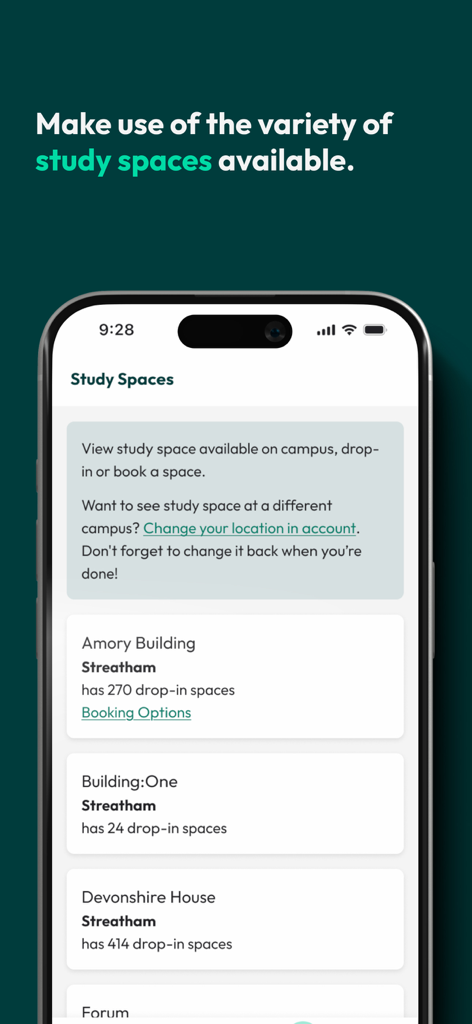 MyExeter - Smartphone screen showing the MyExeter app Study Spaces list with available seats in university buildings.