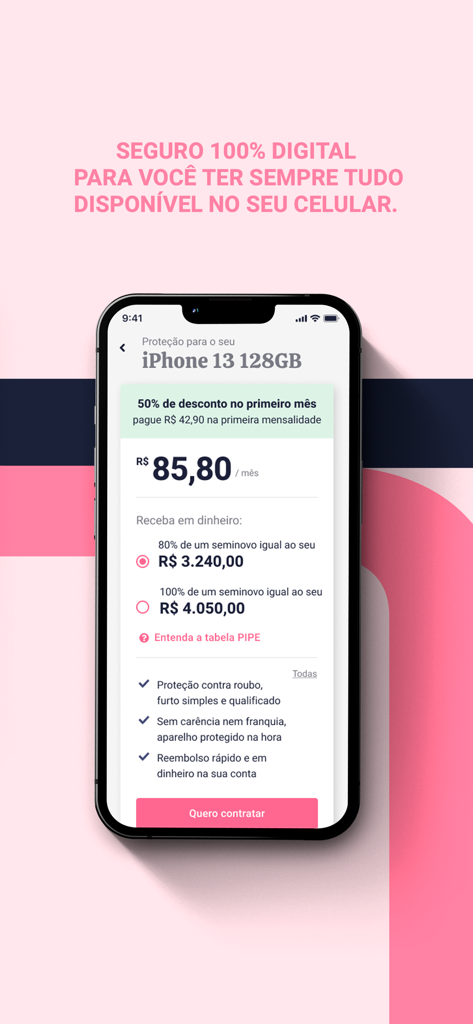 Pier. - Smartphone screen showing iPhone 13 insurance quote with monthly pricing and benefits in the Pier app