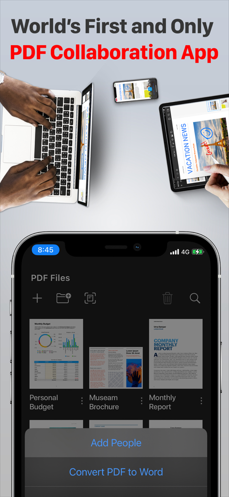 PDF Office Max Acrobat Expert - Aplicación PDF Office Max que muestra colaboración en tiempo real y sincronización multidispositivo en iPhone, iPad y portátil.