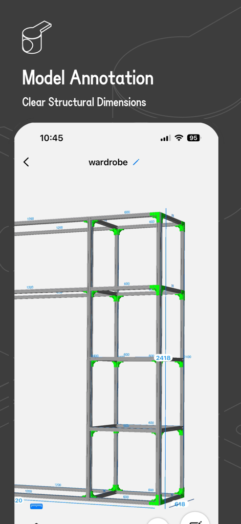 iMake-Profile Furniture Design - 3D model of an aluminum profile wardrobe frame with clear structural dimensions and annotations