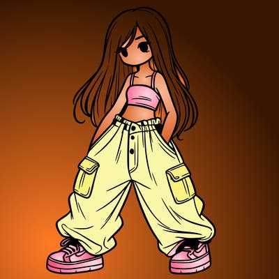 girl in baggy pants, crop top, and long hair