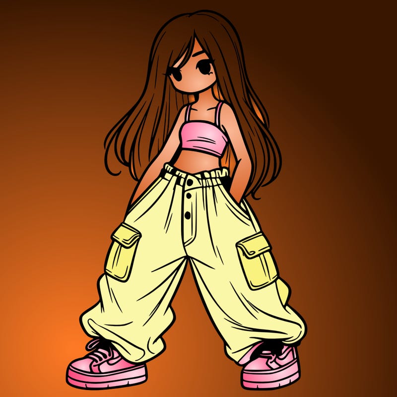 girl in baggy pants, crop top, and long hair