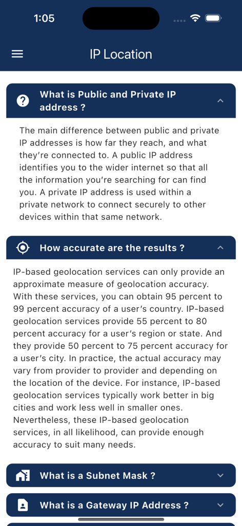 Tela de FAQ explicando endereços IP públicos versus privados e precisão de geolocalização no aplicativo Localizador de IP.