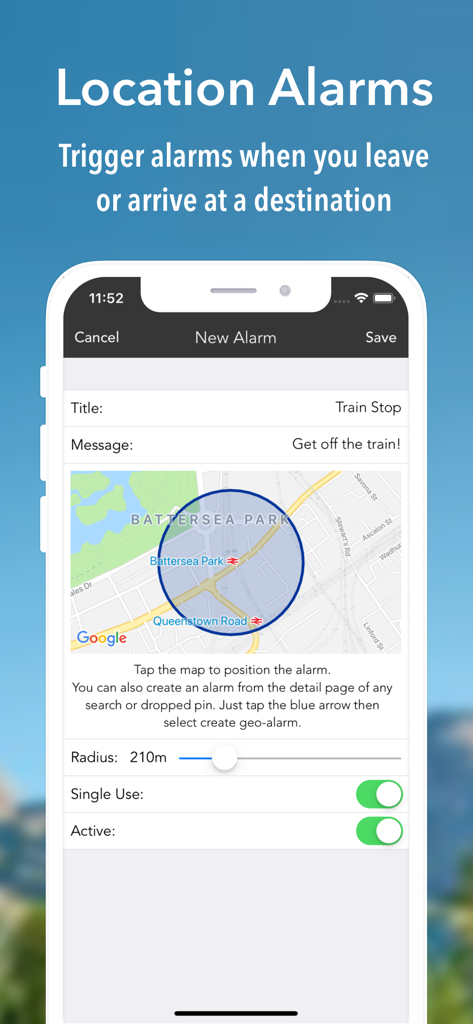 iMaps+ for Google Maps - Interface for setting up a location based arrival notification in the iMaps plus app