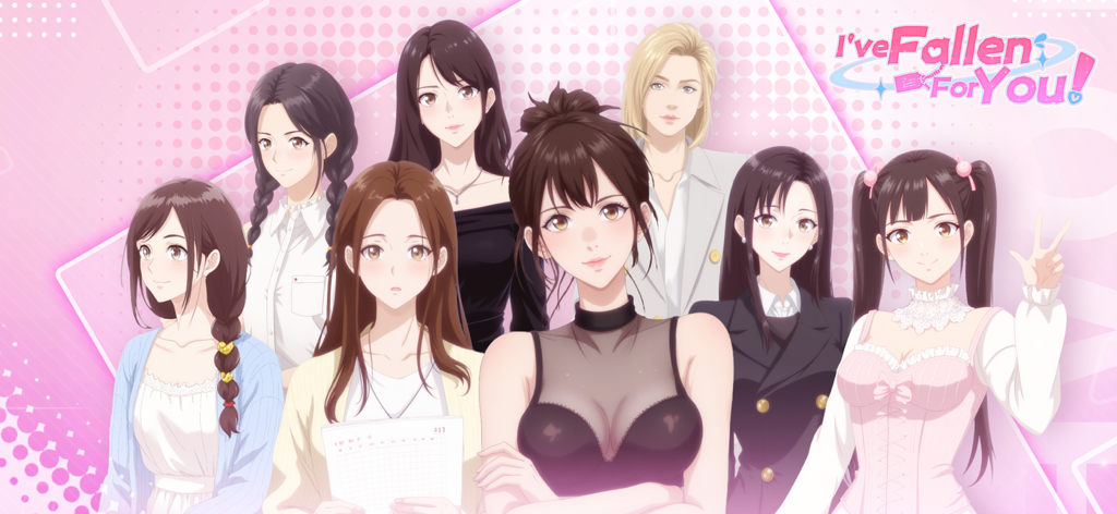 Group of eight diverse female anime characters from the dating simulation game I've Fallen For You
