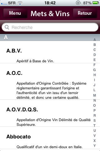 Mets - Vins - Wine dictionary and glossary screen in the Mets Vins app