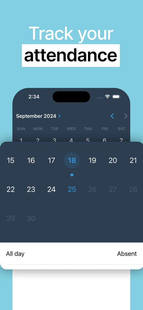 Gradekit: Track Grades & GPA - Captura de pantalla de la aplicación Gradekit que muestra la función de seguimiento de asistencia con un calendario mensual y un registro de ausencias