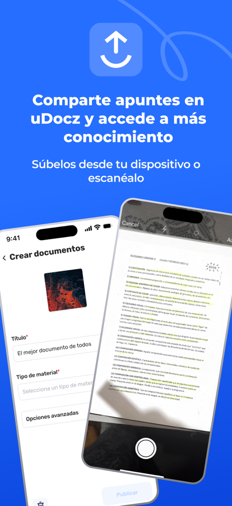 Pantalla de smartphone mostrando las funciones de creación y escaneo de documentos en la aplicación de estudio uDocz