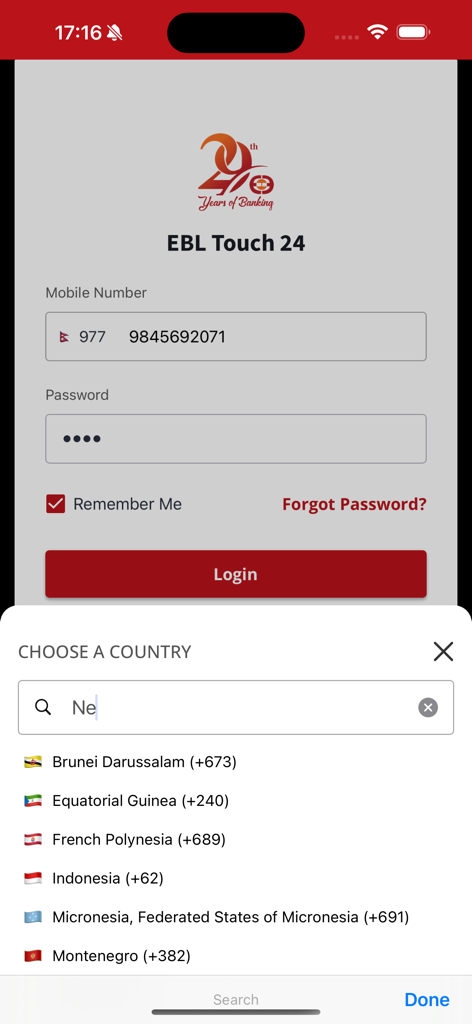 Tela de login do EBL Mobile Banking com menu de seleção de código de país