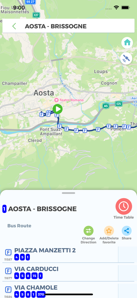 #vdatransports - Vista mappa che mostra il percorso dell'autobus e le fermate da Aosta a Brissogne nell'app vdatransports.