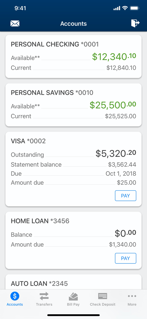Accounts dashboard in the 1st MidAmerica CU mobile app displaying balances for checking, savings, and loans.