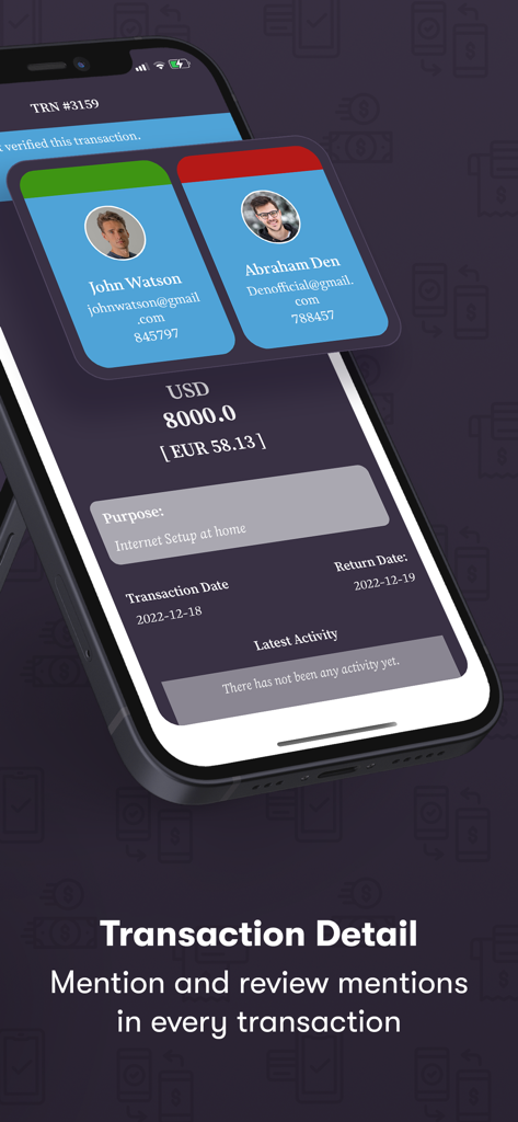 IOU-Money - Interface do aplicativo IOU-Money mostrando detalhes de transações compartilhadas com perfis de contato para despesas de configuração de internet