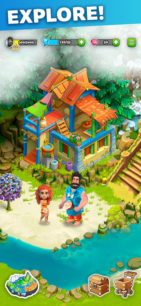 Family Island — Farming game - Bruce and Eva standing in front of their colorful stone age house on a tropical island.