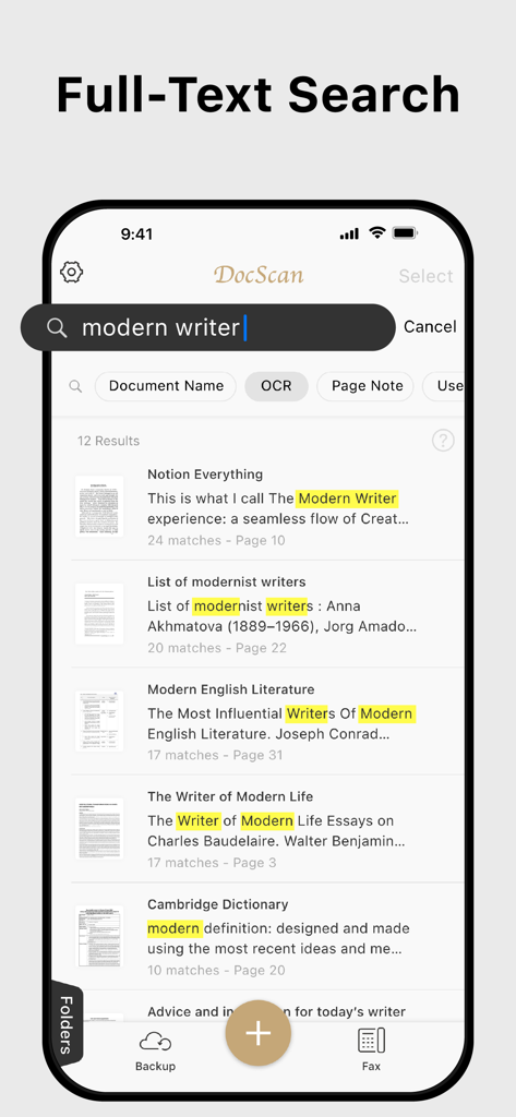 Full-text search interface in Doc Scan Pro showing OCR results for keywords in scanned PDF documents.