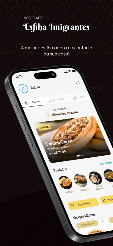 Esfiha Imigrantes - Interface do aplicativo móvel Esfiha Imigrantes apresentando uma oferta de combo de carne e opções de menu para entrega