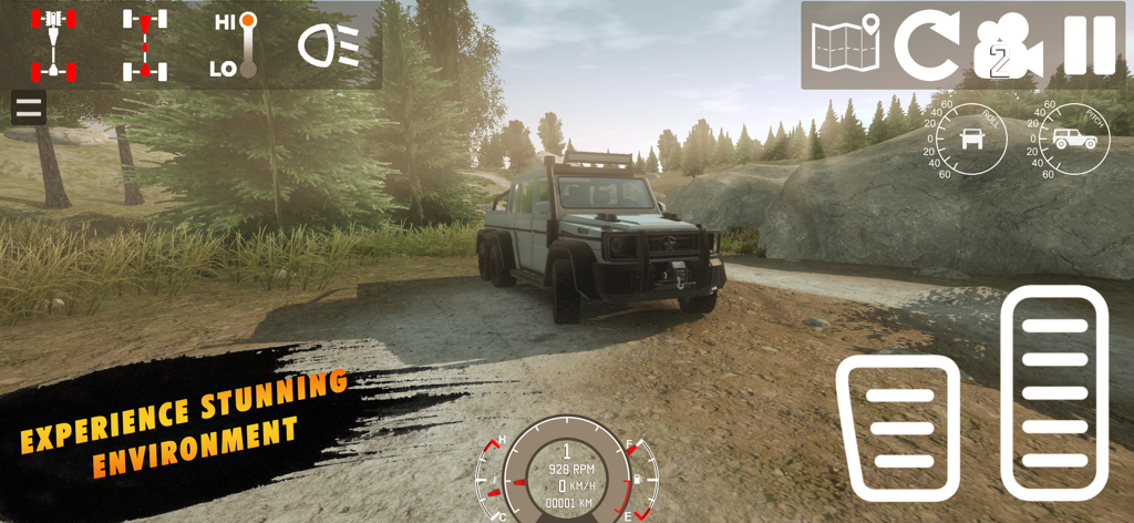 Real Offroad 4x4 Mud Trucks - A 6x6 mud truck parked in a realistic forest landscape within the game