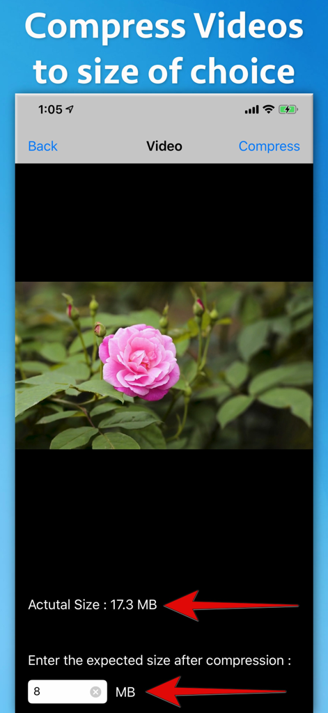 Video-Photo-Audio Compressor - La interfaz muestra un video comprimiéndose de 17.3MB a un tamaño objetivo de 8MB.