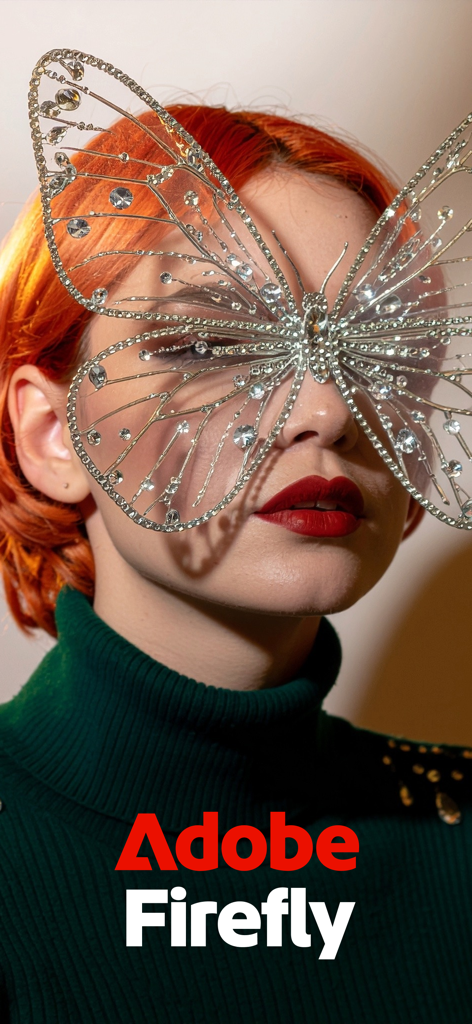 A woman with vibrant orange hair wearing an ornate crystal butterfly mask as a creative AI-generated visual for Adobe Firefly