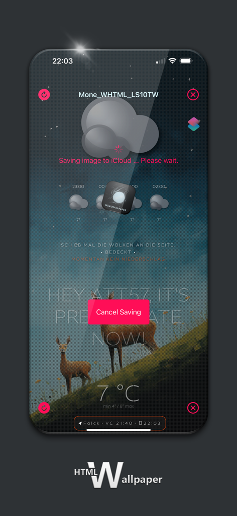 カスタムHTML天気壁紙とiCloudへの保存通知が表示されたiPhone。